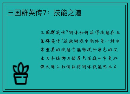 三国群英传7：技能之道