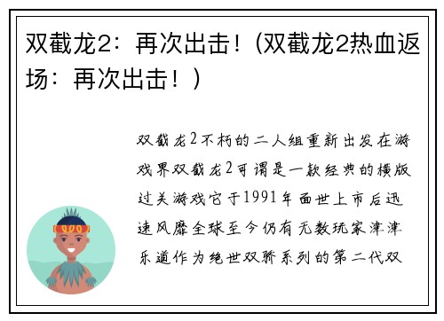 双截龙2：再次出击！(双截龙2热血返场：再次出击！)